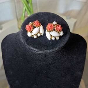 Milk Glass Navettes And Carved Celluloid Coral Carnations Clip On Earrings